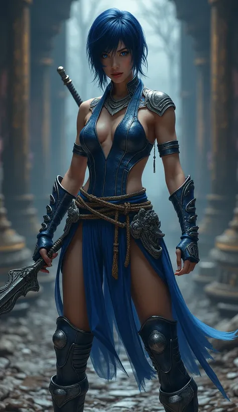 Create an image of an Asian female warrior inspired by Kitana from Mortal Kombat. She should have short, dark blue hair, styled in a way that highlights her sharp, striking features. Her eyes should be large and vibrant blue, conveying a sense of determina...