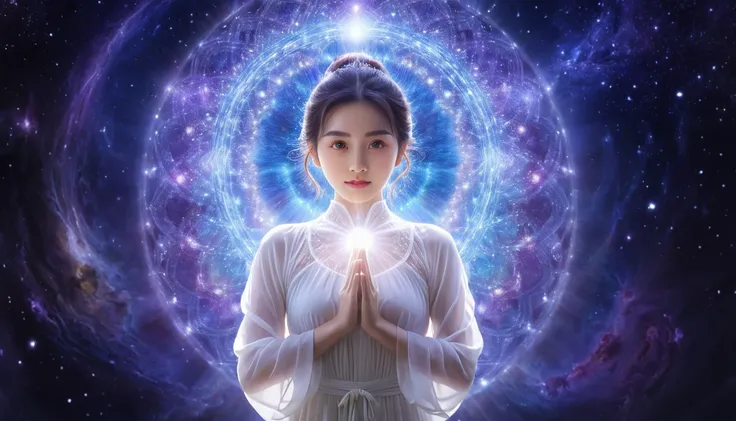 Highest quality, One person, Beautiful eyes, Looking at the camera（Show the whole body）, universe，Mind Aura Cleansing，The whole body is purified，A beautiful woman with a beloved aura,universeで眠る