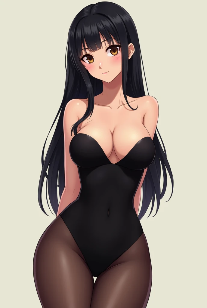 (anime) Female, C-Cup chest, straight and long black hair, tall, big thighs, dimpled face, brown eyes