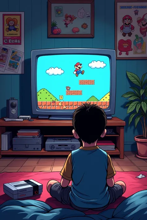 Comic of a boy with his back turned looking at the TV playing Super Mario on his Super Nintendo, in an environment from the 90s