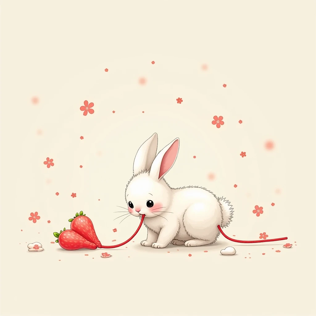 Pulling at the red thread of fate、Cute white rabbit illustration、Anime Style, 