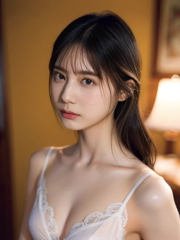 masterpiece, best quality, extremely detailed, (illustration), Raw photo, absurdres, 1girl, negligee, (small breasts),beautiful face, hands behind body, photorealistic, depth of field, anatomically correct, textured skin, UHD,hotelroom,feeling weak,(sweat)