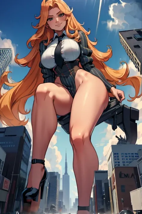 (photorealism:1.2), giant, giant art, giantess, Have a pair of ultra long legs,  heels much lstger than a skyscraper , huge breasts, curvy,  grey pinstriped suit，white tailored shirt, massive red tie, Has ginger waist-length hair，Wearing a pair of platform...