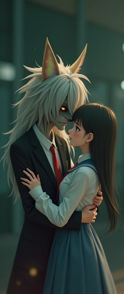 (32K:1.9, Highest quality, masterpiece, Ultra-high resolution), Perfect dynamic composition:1.3, Highly detailed skin and facial textures:1.3, Cute sexy slim Japanese schoolgirl, Tall and slim man, (They both close their eyes:1.3, Man hugging woman:1.3), F...