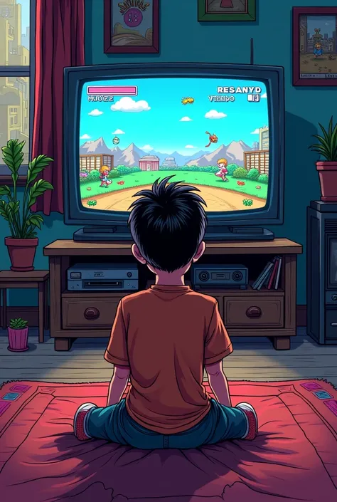 Comic of a boy with his back turned watching TV playing video games, in an environment from the 90s, that some game is displayed on TV