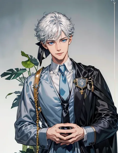 nonsense, height, very detailed, HDR), Masterpiece, best quality, 1 boy, alone, , handsome, Messy black curly hair, Blue eyes and detailed faces, ((Wear a school uniform, Loose tie, Open the cover)), (white skin), upper body, stalwart, Smiling joyfully, st...