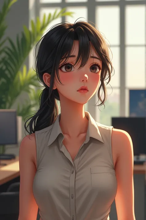 A girl wearing a sleeveless office formal shirt in the hottest summer ever and her eyes are uo