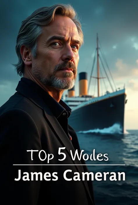 Create a horizontal 16:9 size YouTube video thumbnail on 
James Camerons Top 5 Movies. The background should be picture of titanic ship and James Cameron in front and the text should be Top 5 Movies directed by James Cameron 