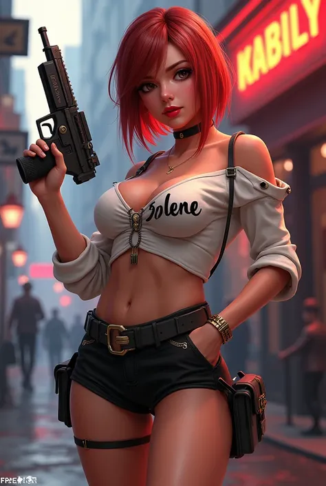 Freefire game style female character, all sexy, of skin jambo, short medium copper red hair, eyes browns, wearing red lipstick, wearing a short white low-cut blouse with the name SOLENE and a short black skirt, high white shoes, holding an mp5 gun and maki...