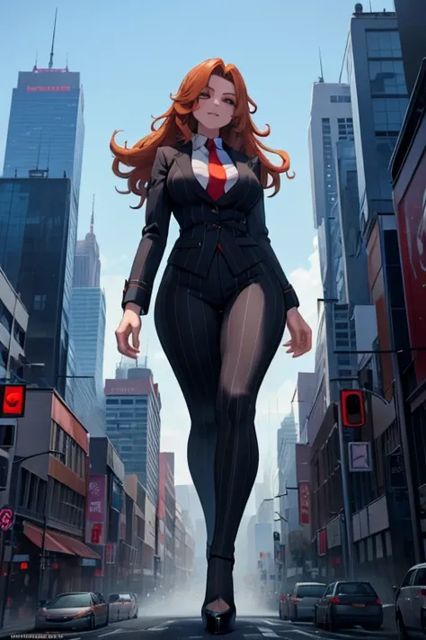 (photorealism:1.2), giant, giant art, giantess, Have a pair of ultra long legs,  heels much lstger than a skyscraper , huge breasts, curvy,  grey pinstriped suit，white tailored shirt, massive red tie, Has ginger waist-length hair，Wearing a pair of platform...