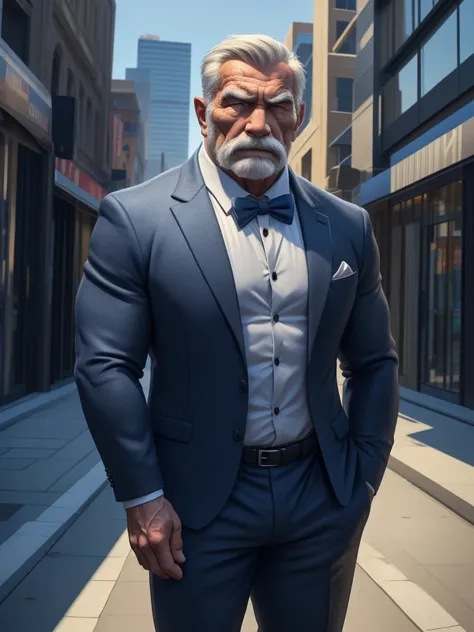 a muscular old man ,wearing a suit, standing in a city background, (best quality,4k,8k,highres,masterpiece:1.2),ultra-detailed,,...