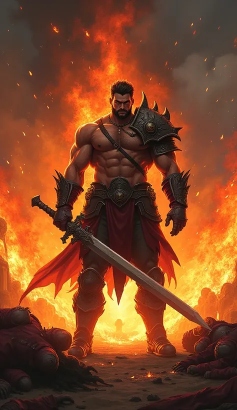 A buffed up man with a giant sword standing on the middle of a wild fire and some fallen soldiers . His left eye releses dark flames . Anime styled .