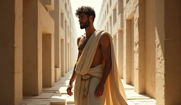 A male Stoic philosopher, around 2, with a well-proportioned and attractive physique, not excessively muscular, not very muscular. and slightly tanned skin. He is wearing classic tunics, a little transparent that show behind the fabric of the Stoic era, in...