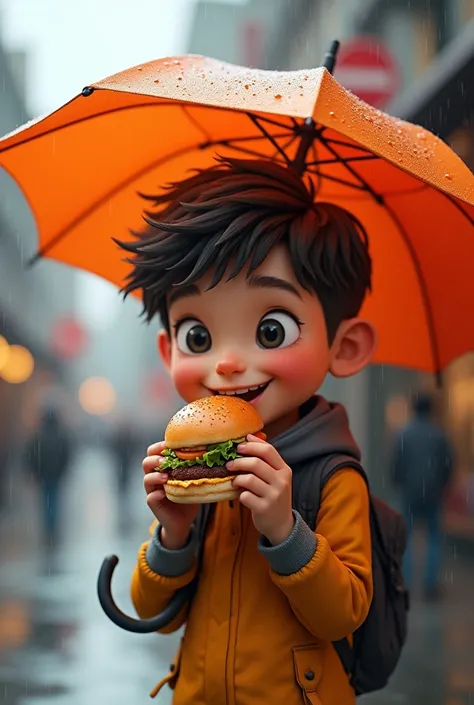 A boy eating burger in rainy season holding umbrella