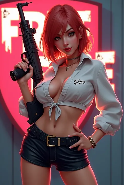 Freefire game style female character,  very sexy, with round face type, of skin jambo, short medium copper red hair, eyes browns, wearing red lipstick, wearing a short white low-cut blouse with the name SOLENE and a short black skirt, high white shoes, hol...