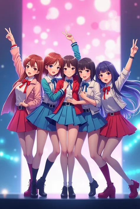 j-pop girl band, anime, 5 girls, peace and heart hand gestures