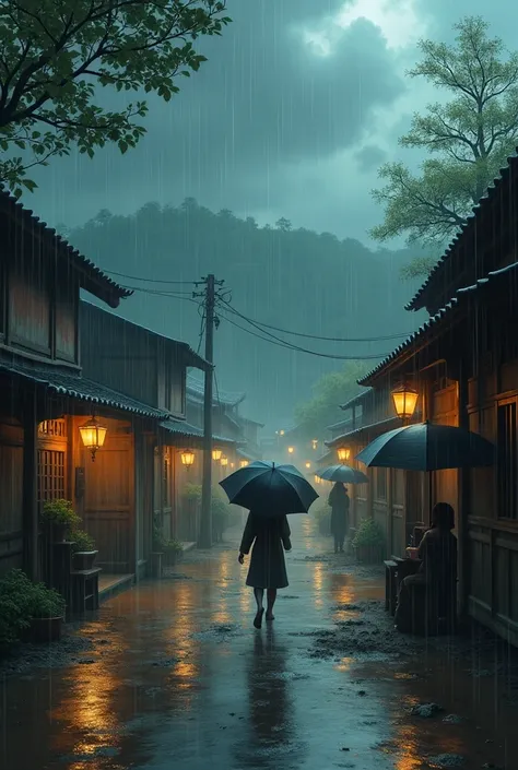 Create an image of a nostalgic rainy day, with heavy dark clouds covering the sky and rain pouring down over a village. The scene should depict the unpredictability of the weather, with muddy roads, swaying trees, and people trying to shield themselves fro...