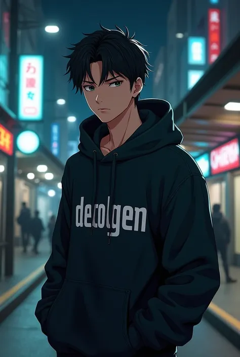 Create anime character;
{background: capital HD text: “GLBK” in right-top, night station}, tanned skin,
realistic, HDR, handsome, full body, like gangster, age 20, hoodie HD text: “Decolgen”, male