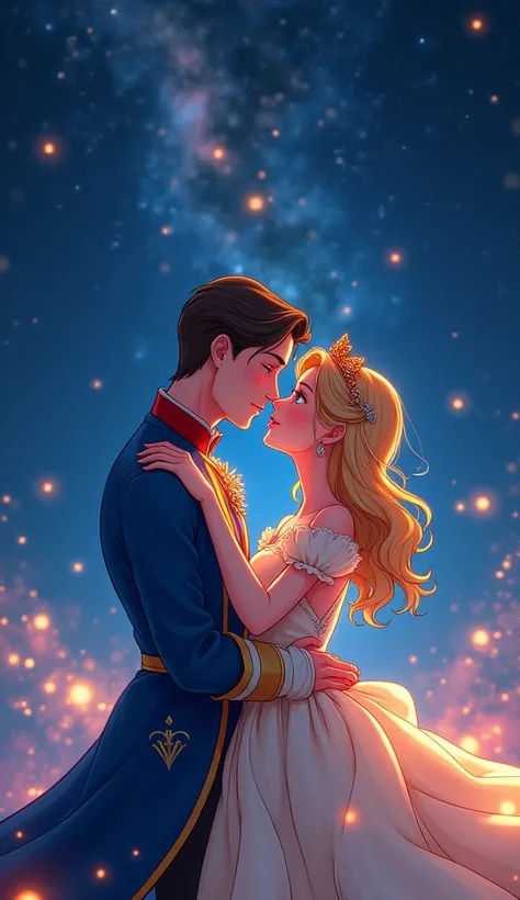 A prince and a princess kissing eachother . There are many stars behind them . Anime styled .