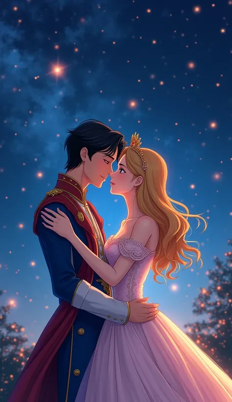 A prince and a princess kissing eachother . There are many stars behind them . Anime styled .