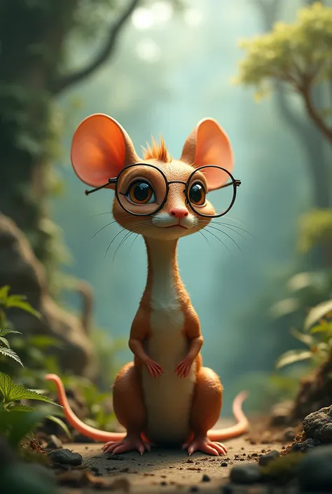 Make a dinosaur with the face of a very thin mouse with glasses