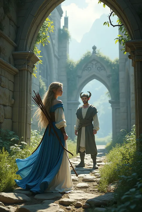 Full body portrait. A very beautiful adult female elf, wearing blue and white clothes while carrying a bow. The background is her entering into the ruins of a magnificent castle. And meets a very handsome adult male elf wearing a crown of wooden branches. ...