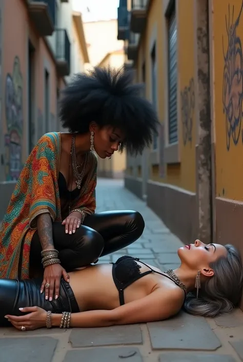 Two russian old  milf women: the strong, muscular , dominant dark skinned gipsy woman (black afro, long african traditional colourful tunic, barefoot), squatting with possessive stance (caressing the body of her passed out girlfriends neck). At her feet, l...