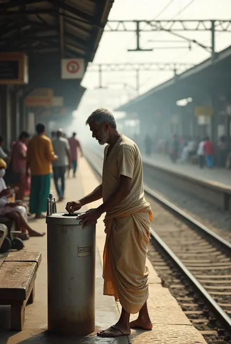 Indian man  going to the toilet 
in railway  platform 