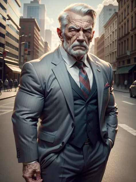 a muscular old man ,wearing a suit, standing in a city background, (best quality,4k,8k,highres,masterpiece:1.2),ultra-detailed,,...