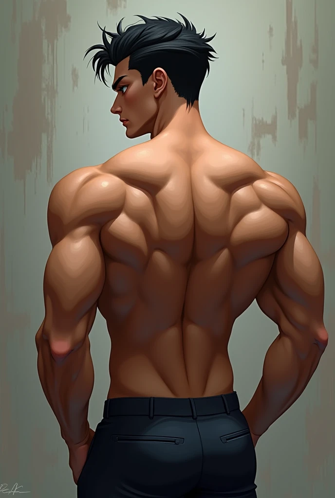   boy with his back turned in unbuttoned student uniform ,super muscular and lean ,nalgon,super short black hair,thick eyebrows and sexy tan