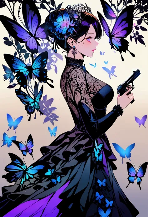 Woman with black gun and butterflies 