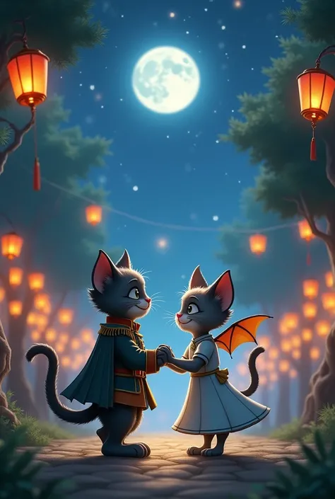 "A brave-looking cat named Sam, with a sturdy build and wearing a simple soldiers uniform, dances under a moonlit sky with a delicate bat named Mary. Mary is a gentle bat with silver-dusted wings that shimmer in the night. They are surrounded by colorful l...