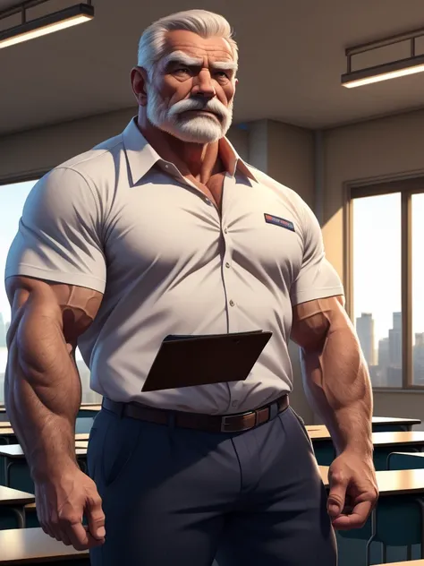 a muscular old man as teacher, wearing pants and shirt, classroom, standing in a city background, (best quality,4k,8k,highres,masterpiece:1.2),ultra-detailed,,detailed wrinkles,detailed facial features,detailed texture, half body, halfbody