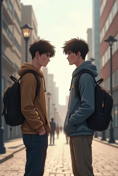 I need an image of two male friends moving away from each other for school reasons that is realistic but that they are not so close together because they look like a boyfriend.