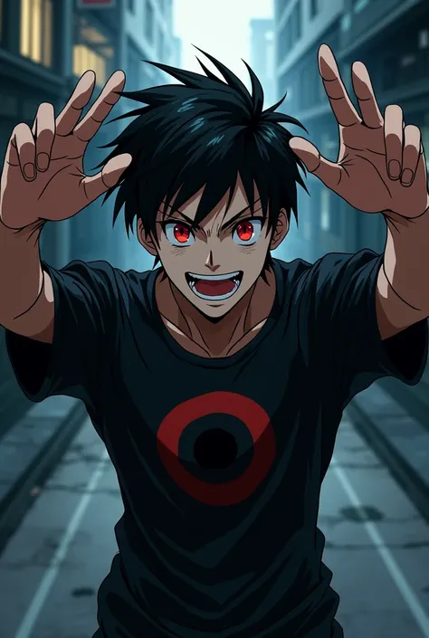 Anime man with black hair red eyes that have 2 black circles and a black dot like a target doing an epic pose with open arms and a smile in the middle of a dark street and leaks Japan in the art style and strokes of manga creator Tatsuki Fujimoto