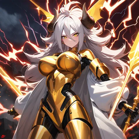 ((((Golden Spear)))), ((Lightning Power)), ((Electricity)), ((Fire Background)), ((Lightning Storm)), ((Power Erupting)), ((((android 21)))), (((white Coat))), (((Busty))), luxury bustier corset, ((silver hair)), (((Very slim waist))), propotional body, ((...