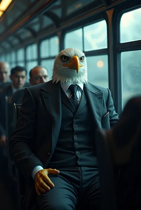 Eagle in suit on the bus in heavy storm 