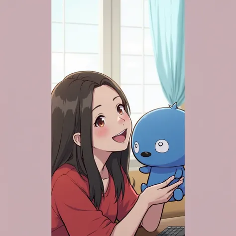 a woman in a red shirt holding a blue stuffed animal, sakimi chan, streaming on twitch, kda and sam yang, ayaka, anime girl in real life, chinese girl, lei min, leslie zhang, ulzzang, asian female, xiaofan zhang, jia ruan, sakimi, 1 girl, janice sung