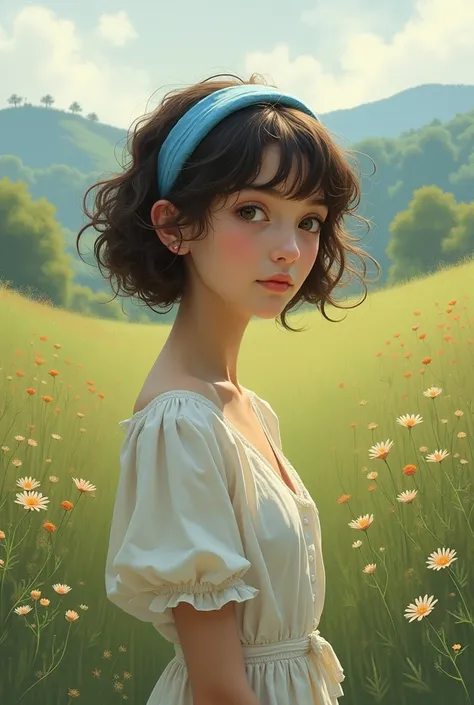 Short woman, of short curly hair, slim, with white skin, with blue headband, with brown eyes, and who lives in the countryside 