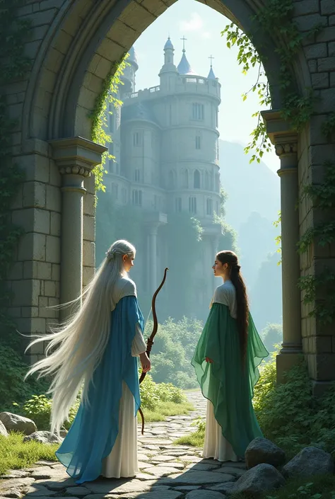 Full body portrait. A very beautiful adult female elf, wearing blue and white clothes while carrying a bow. The background is her entering into the ruins of a magnificent castle. And met a very beautiful adult female elf wearing green and white clothes. Th...