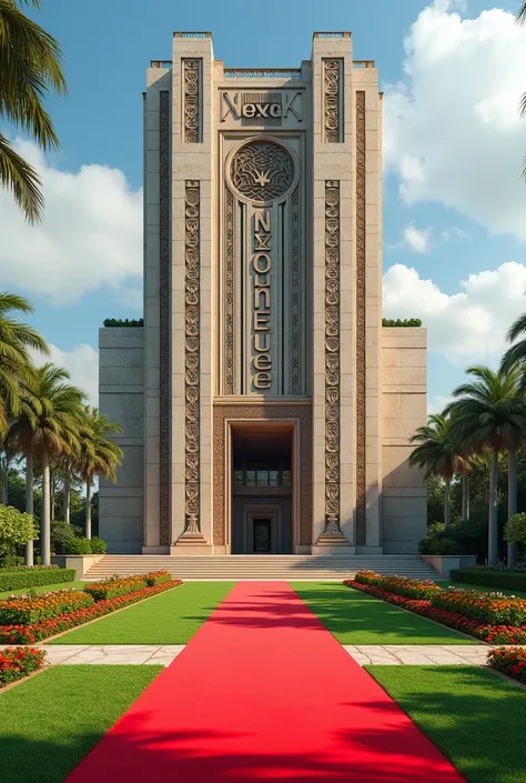 Create a building with  Congolese design,  state design with a full view and a concrete on the building written  NEXUS GLOBAL EMBASSY  on its own compound with Grass and flowers with red carpet on entrance 