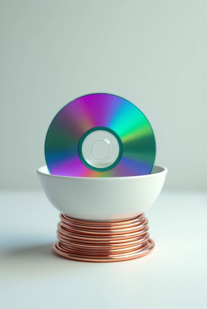 A bowl with cds on it and underneath a copperwire coiled on a neodymium magnet