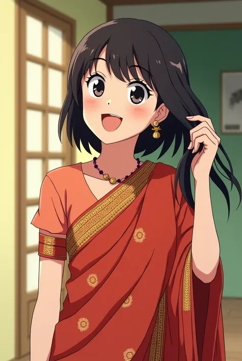 Hinata hyuga in anime Indian saree with smile and set her hair with hand