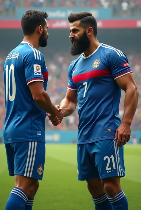 A muscular Iranian football player with hairy chest hair and beard, in the blue uniform of the El Salvador national football team, shaking hands with the Brazilian player wearing the Brazilian national football team uniform.