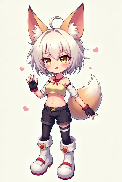 1 girl, cute girl, short white hair ,ahoge, crop top, chest, neckline, bare shoulders, bare stomach, separate white sleeves, black fingerless gloves, black short shorts, belt, stockings, hip strap, white long iron shoes,fox ears fox tail,cute girl with ear...