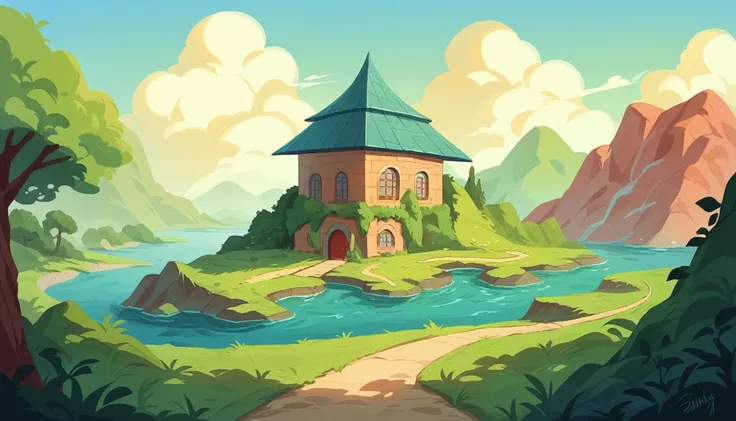 Create a digital landscape illustration featuring a calm river with blue water in the foreground. In the middle of the scene, there are two large, symmetrical brick structures facing each other, with steps leading down to the water. The background showcase...