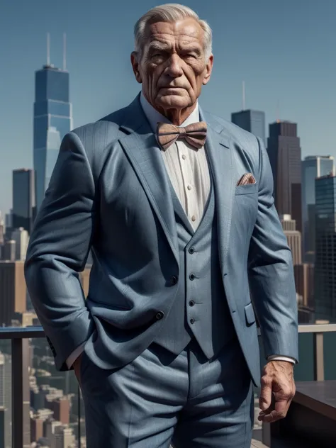 a muscular old man ,wearing a suit, standing in a city background, (best quality,4k,8k,highres,masterpiece:1.2),ultra-detailed,,...