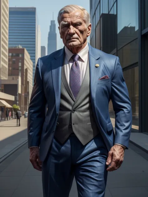 a muscular old man ,wearing a suit, standing in a city background, (best quality,4k,8k,highres,masterpiece:1.2),ultra-detailed,,...