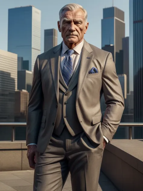 a muscular old man ,wearing a suit, standing in a city background, (best quality,4k,8k,highres,masterpiece:1.2),ultra-detailed,,...