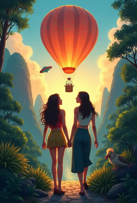 A cover for a book called borders with two women traveling and discovering new things, with representative objects such as a balloon, ufology, The Amazon and self-love


